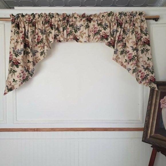 Swag Set & 42" Valance Wide Pocket 86W x 36L Cotton Twill Roses Floral Pattern - Picture 1 of 7